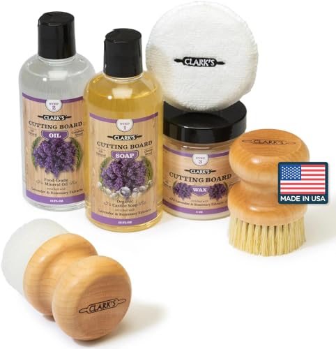Comparison: Best Cutting Board Care Kit 4 CLARK'S Cutting Board Care Kit - Includes Mineral Oil - Finishing Wax (6oz) - Applicator - Scrub Brush - Buffing Pad - Infused with Lavender and Rosemary Extract - Features Clark's Cutting Board Wax