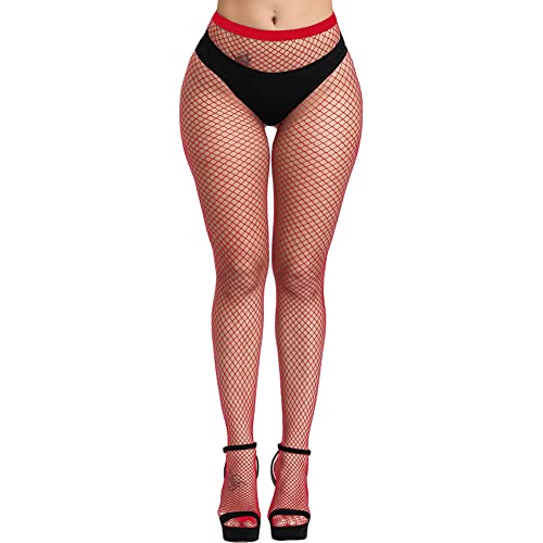 Confonze Fishnet Stockings Womens High Waist Tights Sexy Sheer Mesh Pantyhose (Red_M Hole)