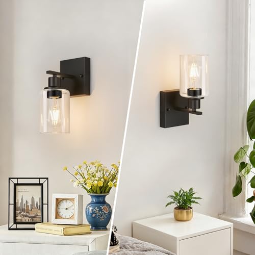 Image of Indoi Set of 2 Wall Sconces for Bathroom, Matte Black Modern Vanity Lights with Clear Glass Shade, Bathroom Wall Lamp for Mirror Kitchen Living Room Hallway Cabinet Porch