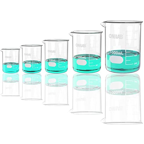 ONiLAB Glasmessbecher-Set 50 ml 100 ml 250 ml 500 ml 1000 ml (5er-Pack) 3.3 Boro Griffin Low Form mit bedruckter Graduierung Wissenschaftliche Glaswaren für Labore, Klassenzimmer oder den Heimgebrauch