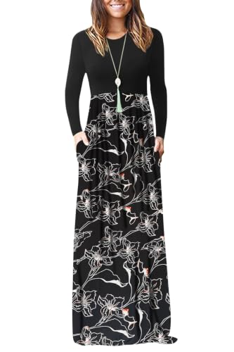 Image of AUSELILY Womens Long Sleeve Maxi Dress Casual Empire Waist with Pockets | Versatile year round long dress for spring, fall, winter, available in floral prints and solids