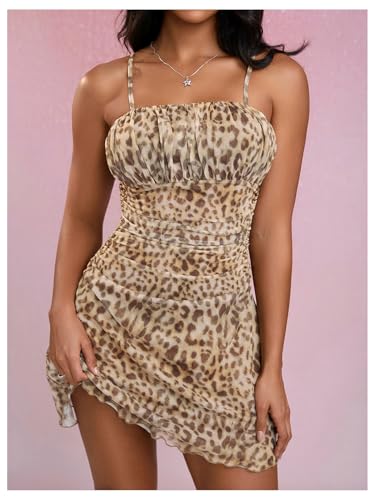 Image of Verdusa Women's Cheetah Print Dress Y2K Leopard Fitted Mini Dresses Spaghetti Strap Mesh Dress