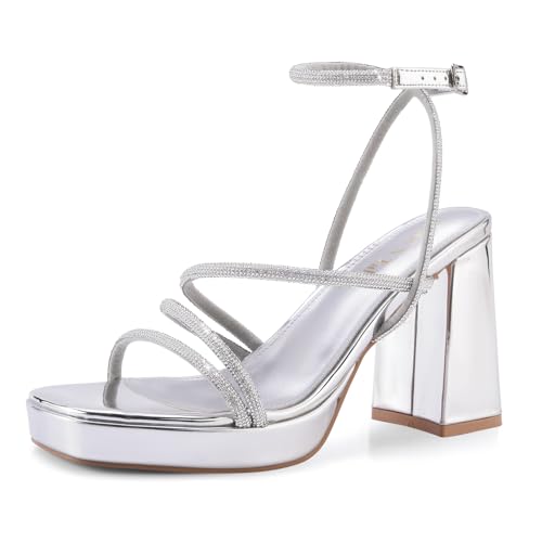 Image of Shoe'N Tale Platform Heels for Women Strappy Block Chunky Heels Square Toe Ankle Buckle Sandals