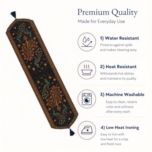 Image of Dining Table Runner -Diwali Peacock Printed Theme,Digital Print, Washable, Indoor /Outdoor, Heat-Proof, Wipe & Clean (135X33 cm) Navy & Orange