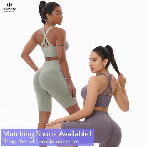 BLUELILY Sports Bras for Women High Impact Cross Back Strappy Bras Cropped Padded Seamless Workout Yoga Bras Set2