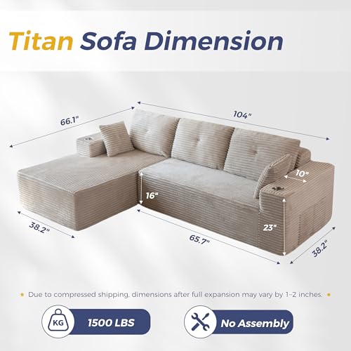 Image of MAXYOYO 104 inch Modular Sectional Couch with L-Shape Chaise, Modern Boneless Couch for Living Room, Sofa in A Box, Oversized Sofa with Deep Seat, No Assembly Required, Grayish Beige