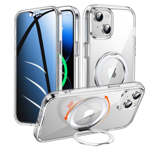 WASTROYAL Privacy Case for iPhone 13/iPhone 14 with 360Stand [Built-in Anti Peeping Screen Protector] [Compatible with MagSafe] [Magnetic Ring ] Full Body Protective Phone Cover 6.1 Clear
