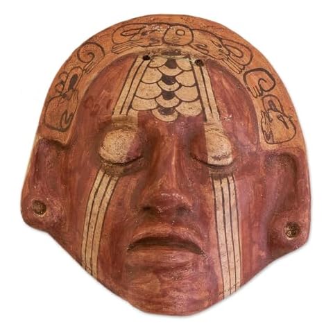 NOVICA Artisan Handmade Ceramic Mask Painted Wall Red El Salvador Masks Archaeological Maya ' Maya Nobleman' Cover