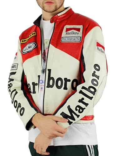 X-ception Men's Classic Cafe Racer Real Leather Red And White Racing Bomber Motorcycle Biker Jacket