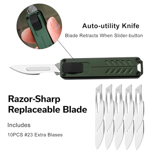 Automatic Utility Knife, Safety Auto Box Cutter Retractable, EDC Push Button Exacto Scalpel Knife, 10PCS #23 Razor Blades Pocket Knives with Clip
