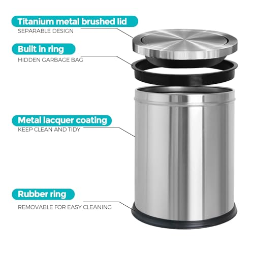 Image of 4 Gallon Stainless Steel Waste Bin,Small Metal Garbage can with Shake Lid,Paper Backet with Flipping Lid, Large Capacity Trash Can, for Kitchen,Bathroom,Living Room,Office,Hotle (Silver)