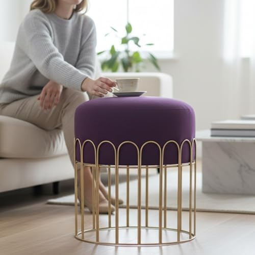 Image of Premium Gold Metal Ottoman Pouffe Stool & Footrest for Living Room & Bedroom | Wine Soft & Classy Mosha Fabric with Arch Frame | 18 inch Height | Luxury Multipurpose Furniture & Home Decor