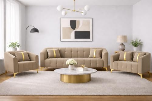 Image of Adorn India Premium Mystic - 3 Years Warranty - 3+2+1 Sofa Set Velvet Suede Fabric - Beige