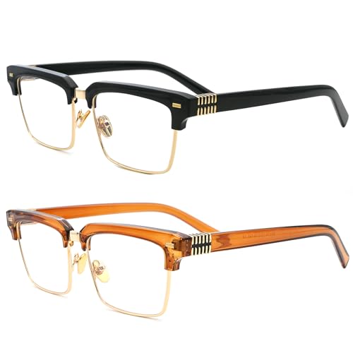 Image of Semi Rimless Rectangle Blue Light Glasses Men Women Black Square Eyewear