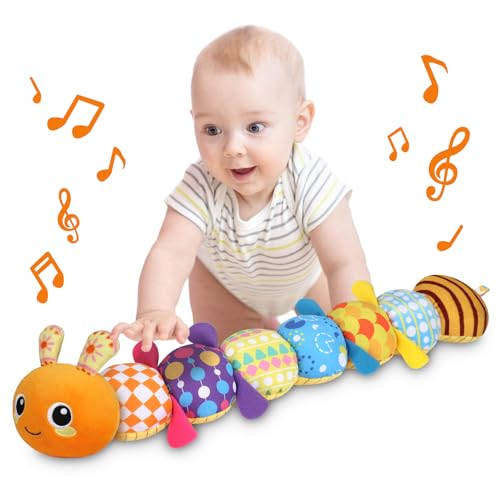 Image of KMUYSL Baby Sensory Caterpillar Toys for 0-6 6-12 Months, Soft Plush Activity Toy with Crinkle, Rattle & Gentle Music, Tummy Time Toy for Infant Newborn, Early Development Toy Shower Gifts for Baby