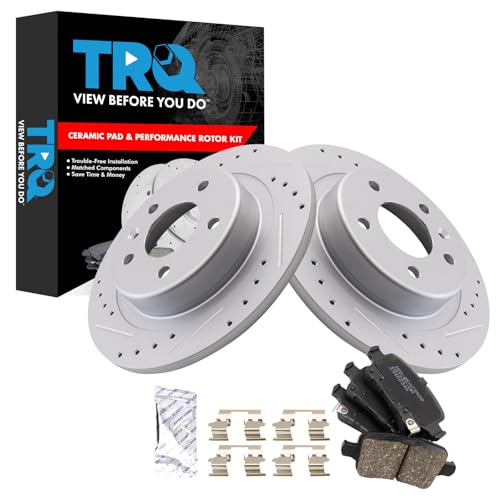 Image of TRQ Performance Rear Brake Pad and Rotor Set Ceramic Coated Drilled Slotted Compatible with 2018 Buick Regal Sportback Regal TourX Chevrolet Equinox GMC Terrain