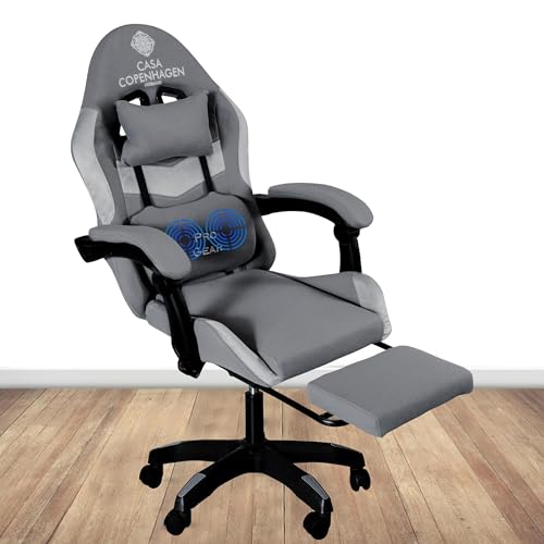 Image of Casa Copenhagen Designed in Denmark, High-Back Fabric Gaming Ergonomic Chair with Advanced Mechanism & Electric Back Massager, Luxurious Memory Foam Seating & Multi Function Arm-Rest - Grey & Grey