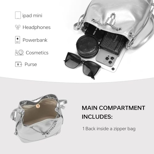 LA FESTIN Leather Purses for Women Cute Backpack Lightweight Shoulder Small Trendy Bucket Handbags with Strap Silver Chain(Silver)4