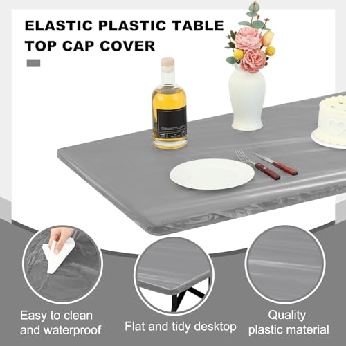Image of Boao 12 Plastic Elastic Fitted Tablecloths, 8 Ft, 96 x 30 Inch, Gray