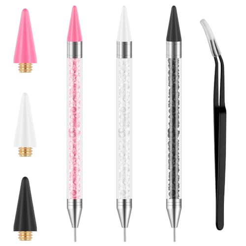 AYBUY Rhinestone Picker Tool Set 3 Packs Dual-Ended Rhinestone Picker Dotting Wax Pen with 3 Extra Wax Tips and 1 Tweezer Rhinestones Applicator for Picking Up Jewel Gems Crystals and Studs