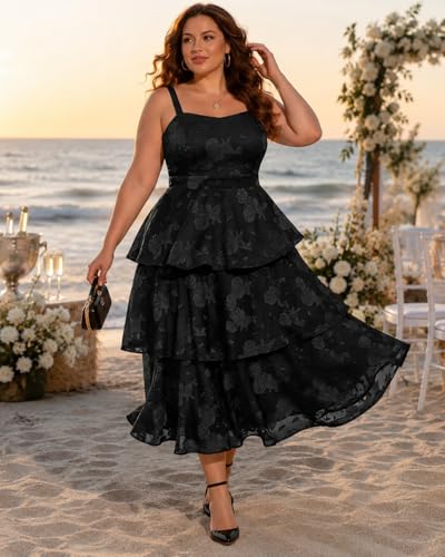 Image of Plus Size Summer Dresses - Floral Beach Wedding Guest Semi Formal Tiered Flowy Long Sundress