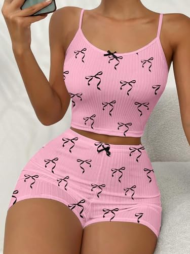 Image of Hilinker Womens Graphic 2 Piece Pajama Set Summer Cute Crop Cami and Shorts Ribbed Lounge Sets