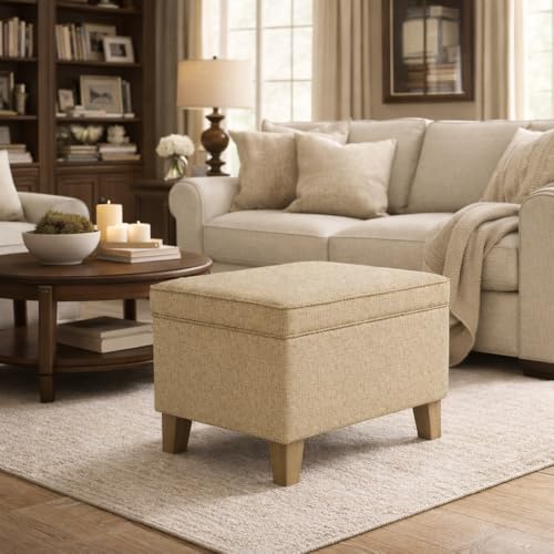 Image of Homepop Home Decor | Medium Square Storage Ottoman with Hinged Lid | Ottoman with Storage for Living Room & Bedroom, Tan
