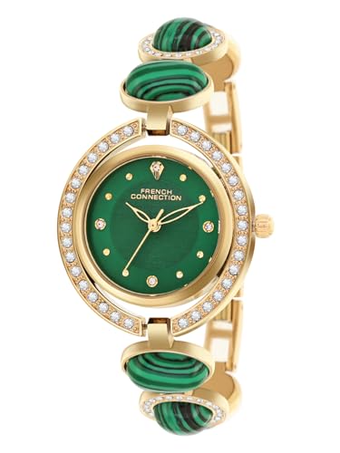 Image of French Connection Sunray Green Round Dial with Gold with Green Stone Alloy Strap Watch - for Womens FCD1NGM