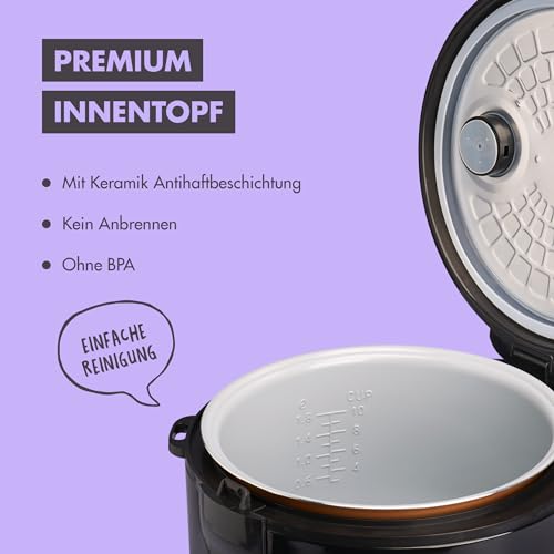 REISHUNGER Reiskocher & Dampfgarer mit Keramikbeschichtung, Schwarz, 1,8L - bis zu 10 Portionen - Schnelle Zubereitung ohne Anbrennen - Mit Warmhaltefunktion inkl. Dämpfeinsatz, Löffel & Messbecher