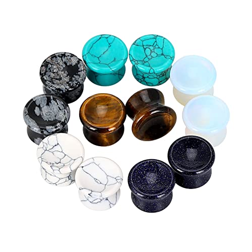Qmcandy 6 Pairs Natural Stone Concave Ear Plugs Saddle Gauges Expander Stretchers Body Piercing Set Gauge 00G #TOP2