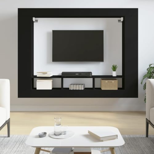 WKIEQACO Muebles y almacenamiento, mueble de TV negro 152 x 22 x 113 cm, madera de ingeniería