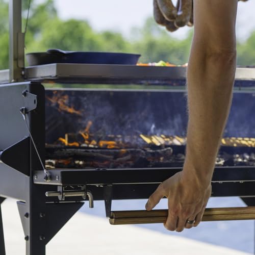 Backyard Discovery Argentine Santa Maria Heritage Wood Fire & Charcoal BBQ Grill with Adjustable Grill Grates, Fire Bricks, Heavy-Duty Steel, S-Hooks, Acacia Wood Table for Outdoor Gaucho Grilling