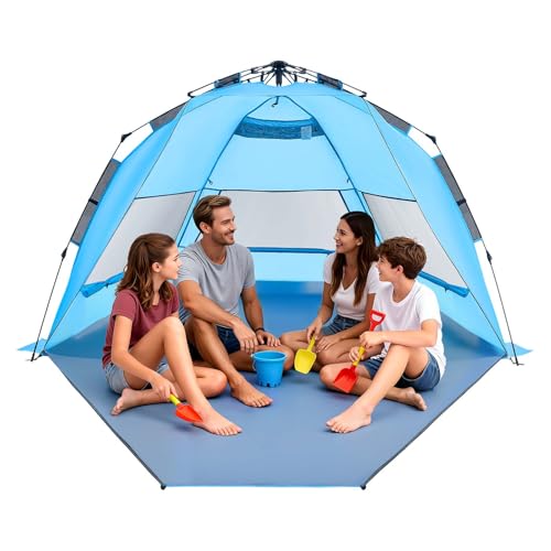 VEVOR Beach Tent Sun Shelter for 4 Person, Pop Up Beach Tent UPF 50+, Portable Sun Shade Beach with Carrying Bag and Sand Pockets, Easy Setup Umbrella for Camping Fishing Outdoor Picnic