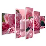 islandburner Prime Bild auf Leinwand Elegante rosa Kamelie präsentiert in Kosmetikwerbung mit Cremeflaschen Badezimmer Kosmetikgeschäft/Schönheitssalon Bilder Wandbilder Poster