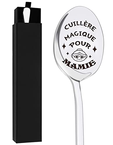 Cuillère à Dessert Manche Longue, Cuillère à Café en Acier Inoxydable Gravée CUILLÈRE MAGIQUE POUR MAMIE Cadeaux pour Femme, Inox Cuillere à Thé Cuillère à Glace Cadeau Anniversaire la Fête des Mères