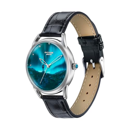 Image of Sonata Poze 8 Quartz Analog Northern Lights Inspired Watch for Unisex with Blue Luminous Dial & Black Leather Strap - SP70100SL02W