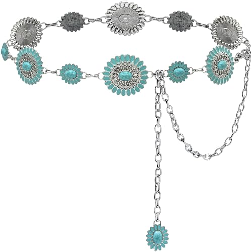 Turquoise Belt Western Chain Belt Cowgirl Country Silver Metal Concho Belts Women Jeans Dresses