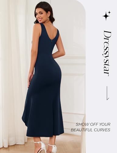 Image of Dressystar 2026 Women's Square Neck Bodycon Sleeveless Cocktail Dresses | wedding guest dresses for women, midi length, formal party dress, soft breathable stretchy material, slit ruffle hem design
