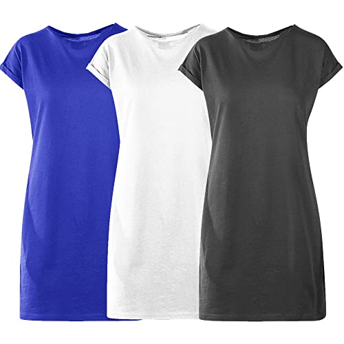 Kit com 03 Vestidos Camisetão Feminino Mulheres Super Estiloso – Cinza - Royal - Branco - M