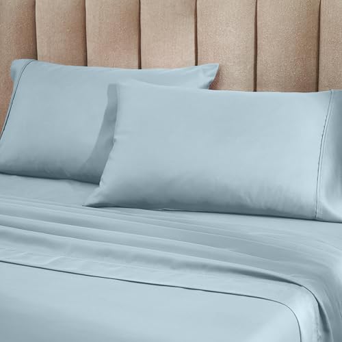 Superior Cotton Blend Bed Sheet Set, Elegant Bedding, 6-Piece Set Includes 1 Elastic Deep Pocket Fitted Bedsheet, 1 Flat Sheet, 4 Pillowcases, Modern Sateen Weave - California King, Light Blue by SUPERIOR - Image 3