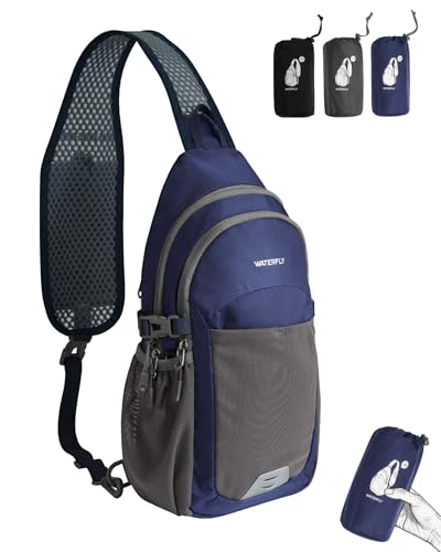 WATERFLY Packable Crossbody Sling Bag: Small Lightweight Travel RFID Blocking Sling Daypack with Water Bottle Holder - Shoulder Chest Bag Backpack for Women Men Hiking Traveling Theme Parks