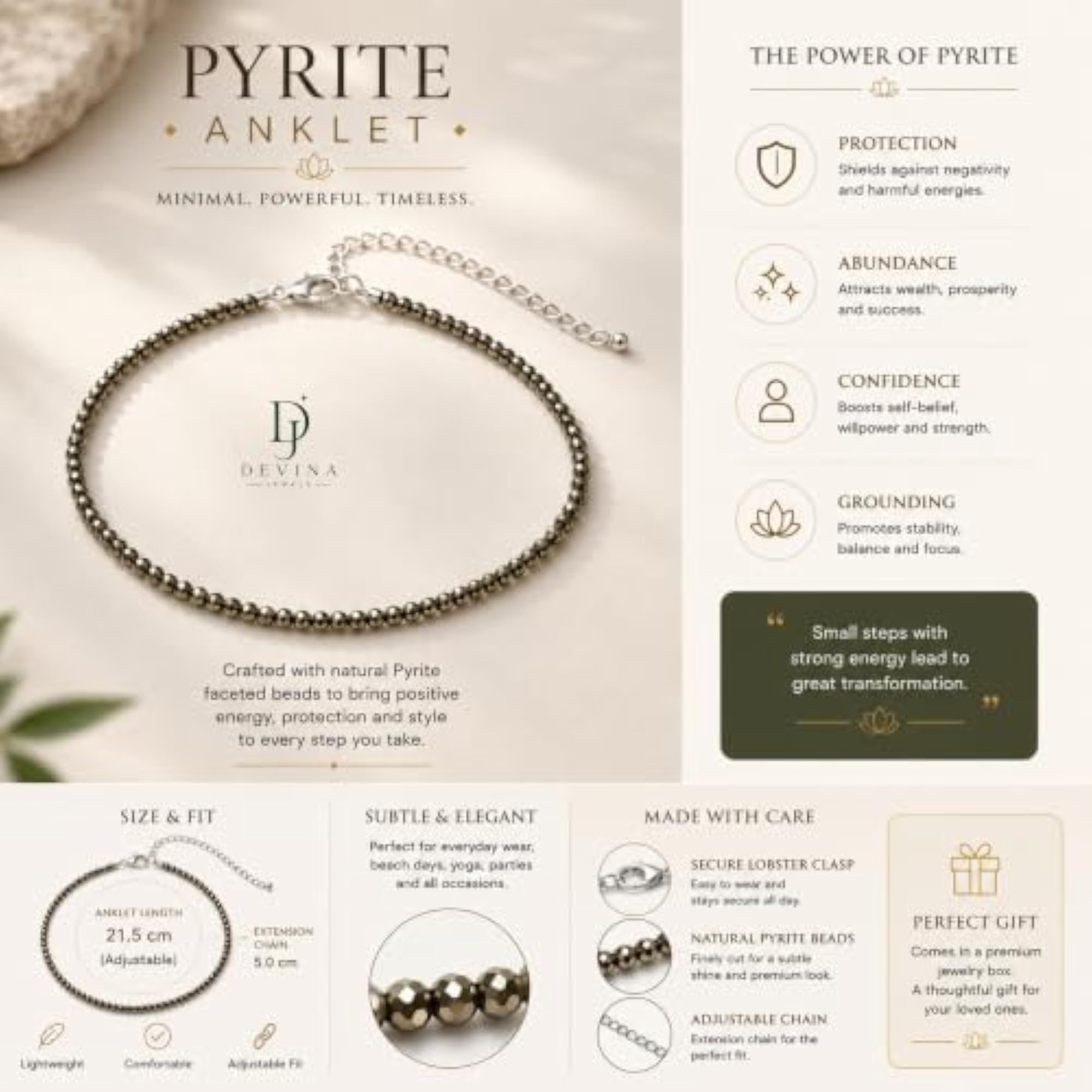 Natural Pyrite Gemstone Adjustable Anklet for Women & Girls