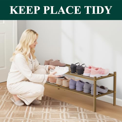 Image of Smiry Bamboo Shoe Rack, 5 Horizontal Slats, 2 Tier - 33.9 inch Wide, Walnut