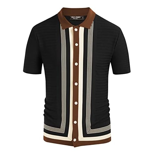 PJ Paul Jones Mens Retro 50s Disco Shirt Striped Rockabilly Style Button Polo Shirts Black L