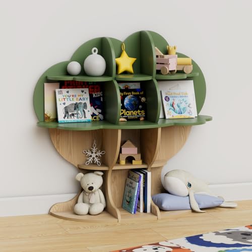 Image of Green Tree Kids Bookshelf Toddler Bookcase 4-Tier Baby Book Rack Children Toy Storage Organizer Forest Wood Display Shelf for Nursery Playroom Bedroom Classroom School Homeschooling Boy Girl’s Gift