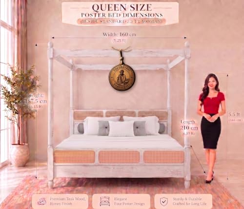Image of Sheesham Solid Wood Allure Poster Bed for Bedroom | Handmade Wooden Cot | Elegant Four Poster King Size Bed Frame (Rustic White, Queen, Allure (Cane 1))
