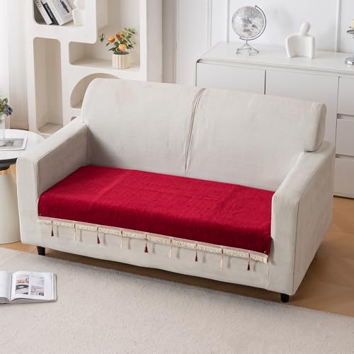 Image of HOKIPO 'Serenity Tassel' Chenille 2 Seater Sofa Cover with Tassel - Crimson Ruby (IN-891-MRN)