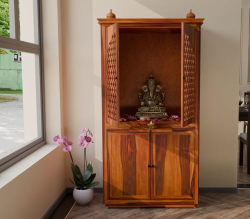 Image of Solid Sheesham Wood Temple for Home & Office /Mandir /God Stand /Pooja Stand /Home Mandap /Mandapam with Cabinet Doors & Multiple Storage (Honey-2, Large)