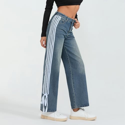 Karwuiio Women's Low Rise Jeans Y2k Baggy Striped Bow Waisted Straight Wide Leg Denim Pants Streetwear3