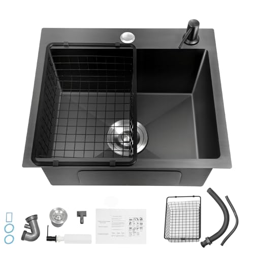 Fregadero de Cocina de Acero Inoxidable de 45 x 40 cm, 1 Lavabo, Color Negro con Dispensador de Jabón, Cesta Colador, Tubo de Desagüe,Fregadero Empotrado para la Cocina
